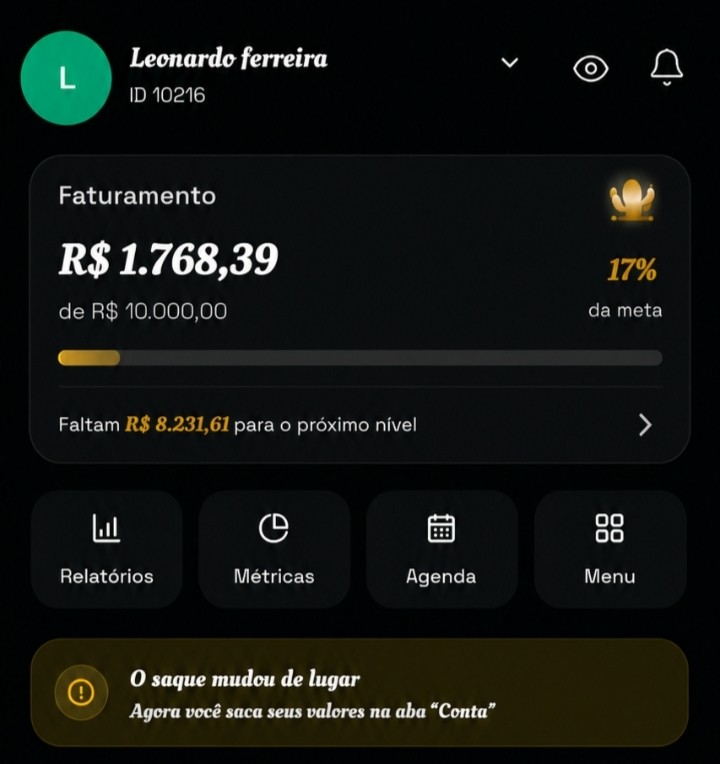 Faturamento pessoal do criador de R$ 1.768,39, com meta de R$ 10.000