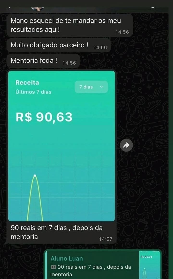Depoimento do aluno Luan com resultado de R$ 90,63 em sete dias